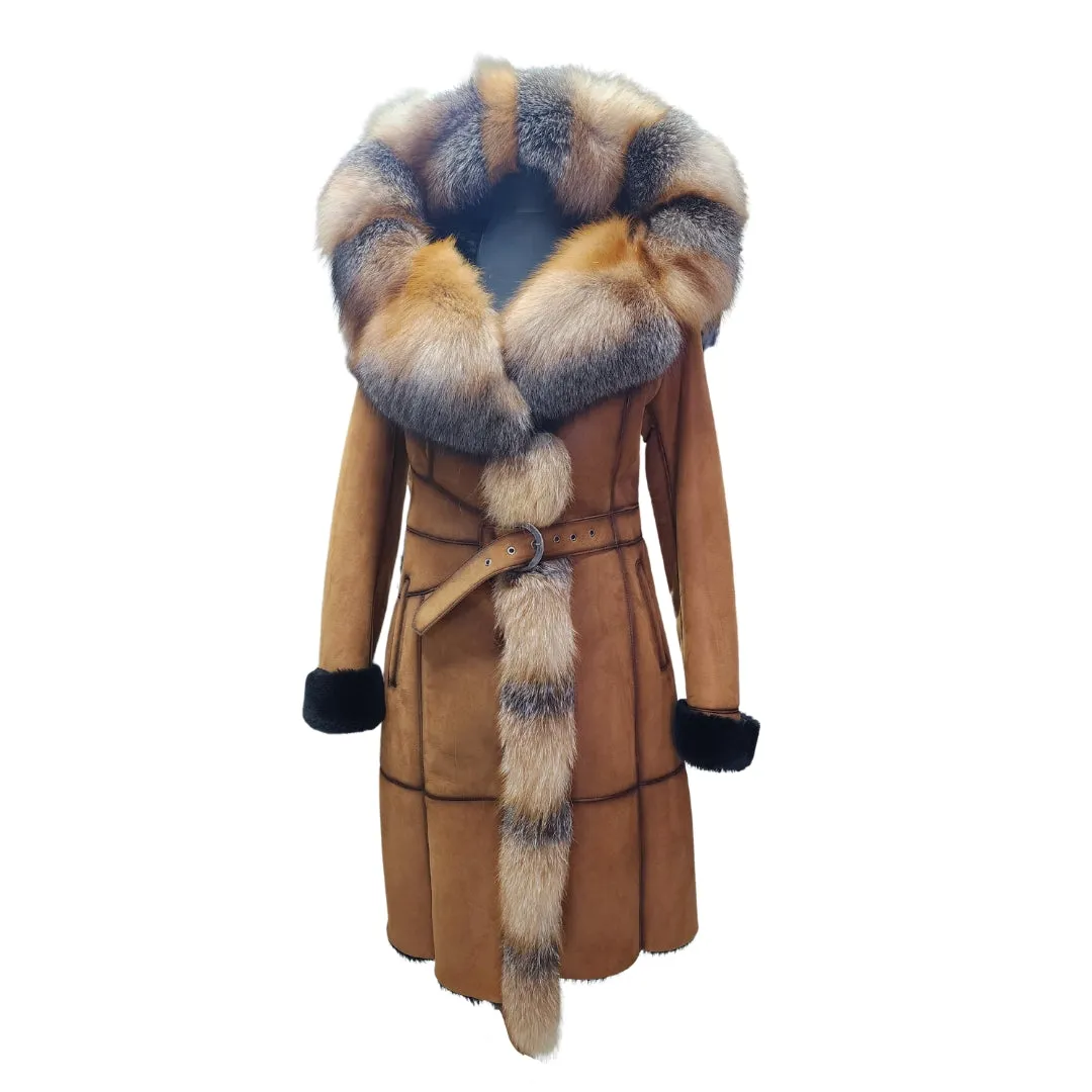 Shearling Hooded Coat with Crystal Fox Fur for Ellie