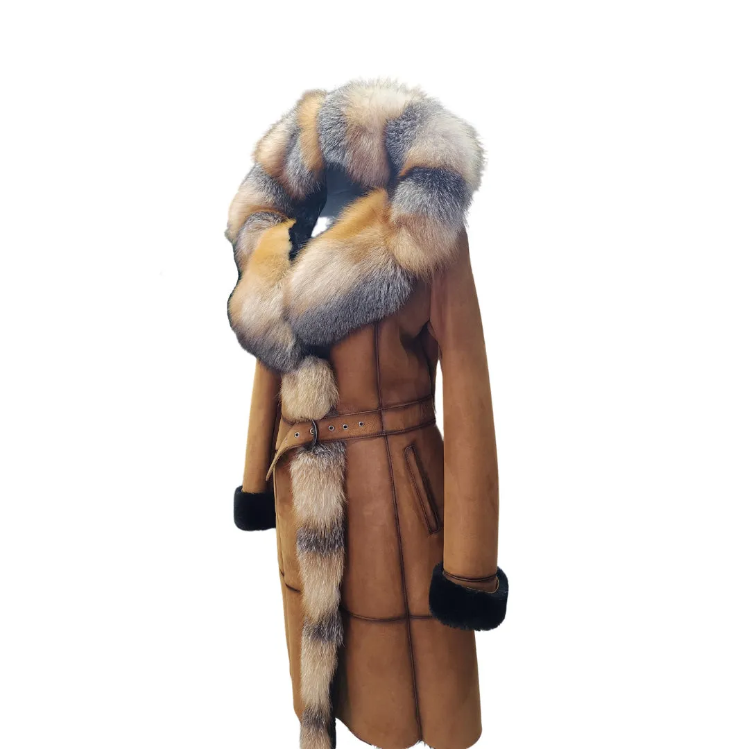 Shearling Hooded Coat with Crystal Fox Fur for Ellie