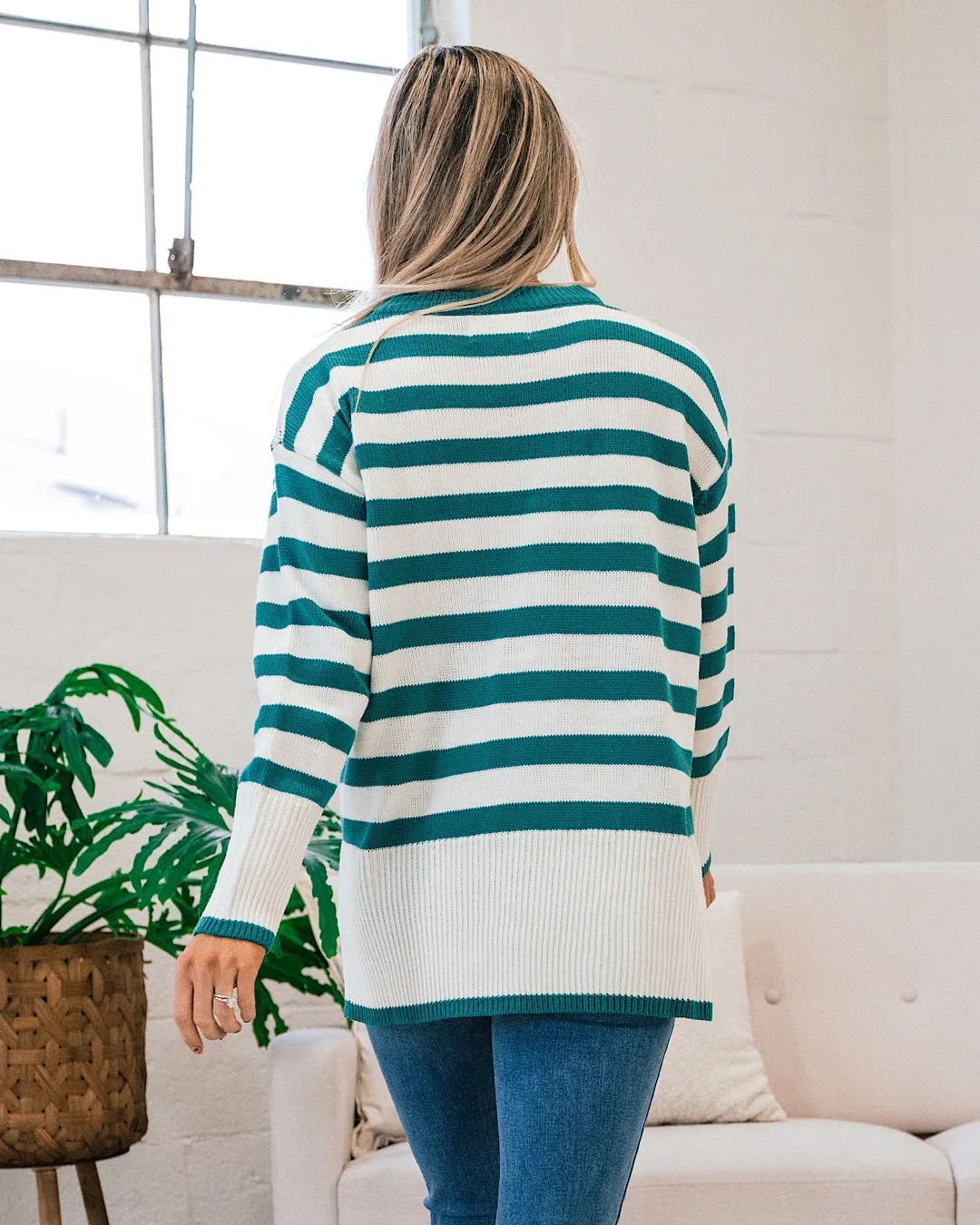 Este Teal Striped Sweater