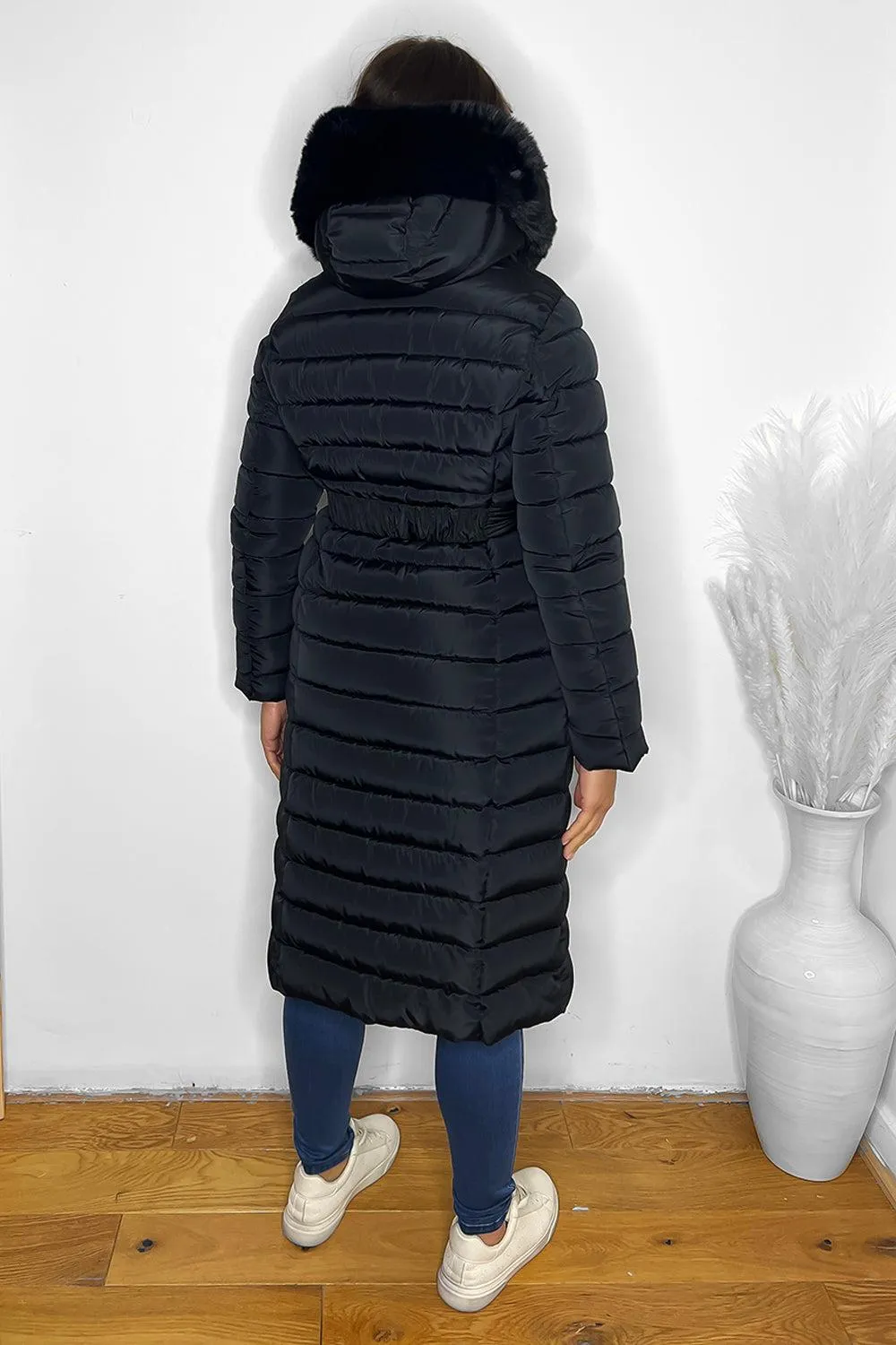 Faux Fur Trimmed Hood Quilted And Belted Shimmer Long Padded Coat