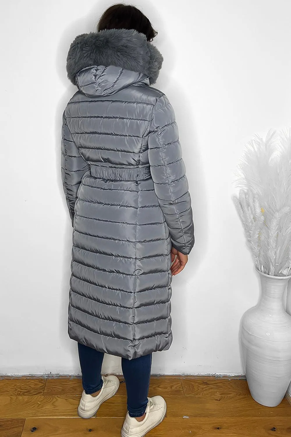 Faux Fur Trimmed Hood Quilted And Belted Shimmer Long Padded Coat