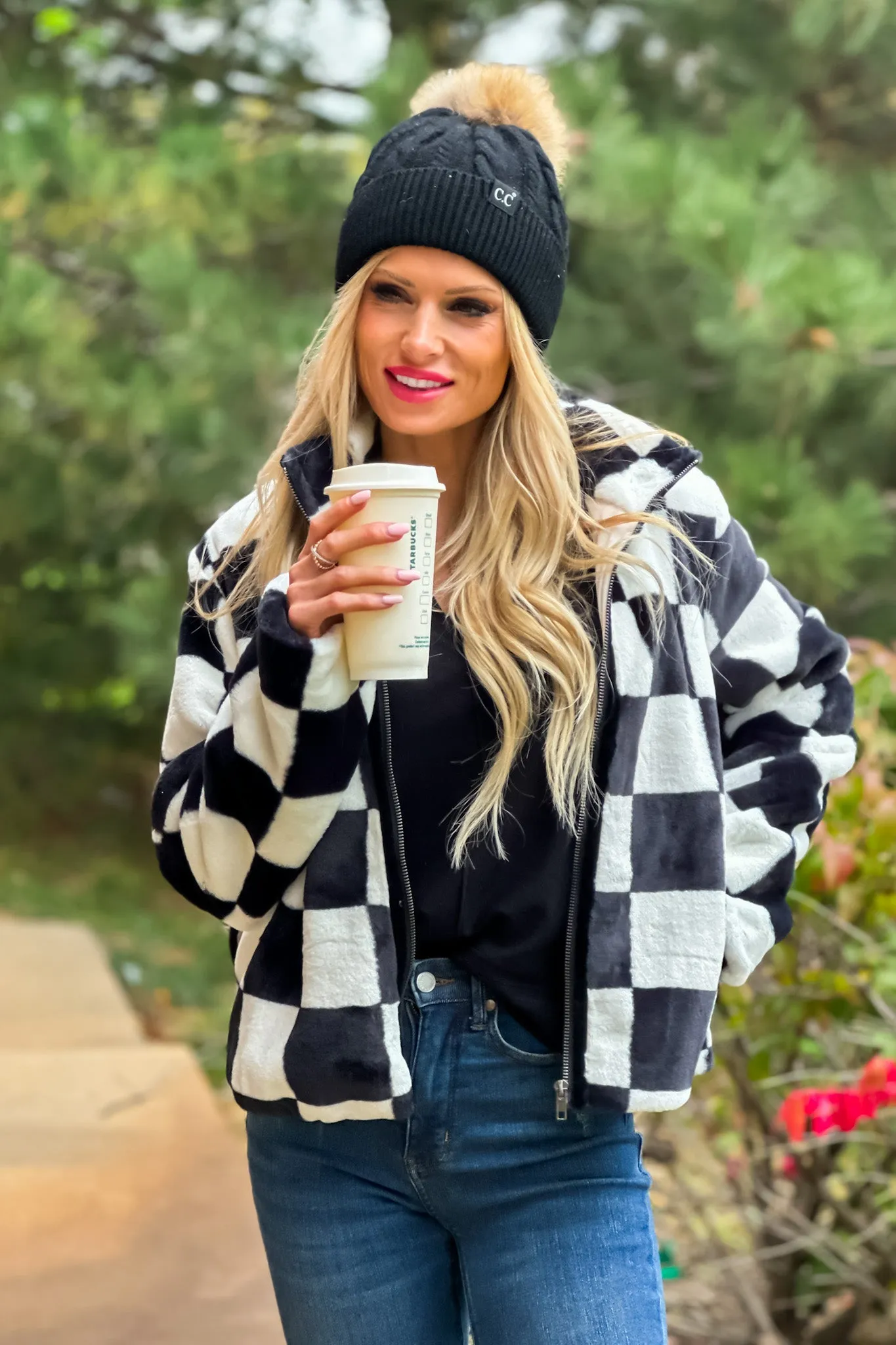 Feeling Bold Checker Board Faux Fur Coat : Black/White