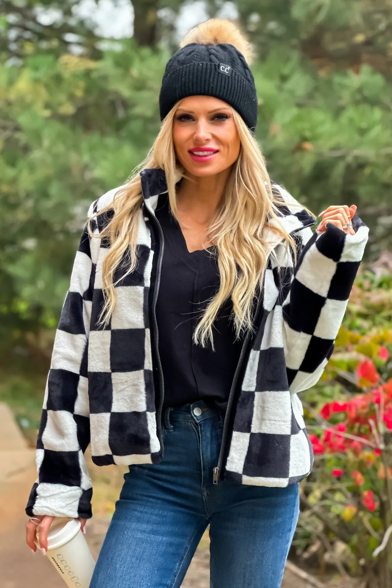 Feeling Bold Checker Board Faux Fur Coat : Black/White