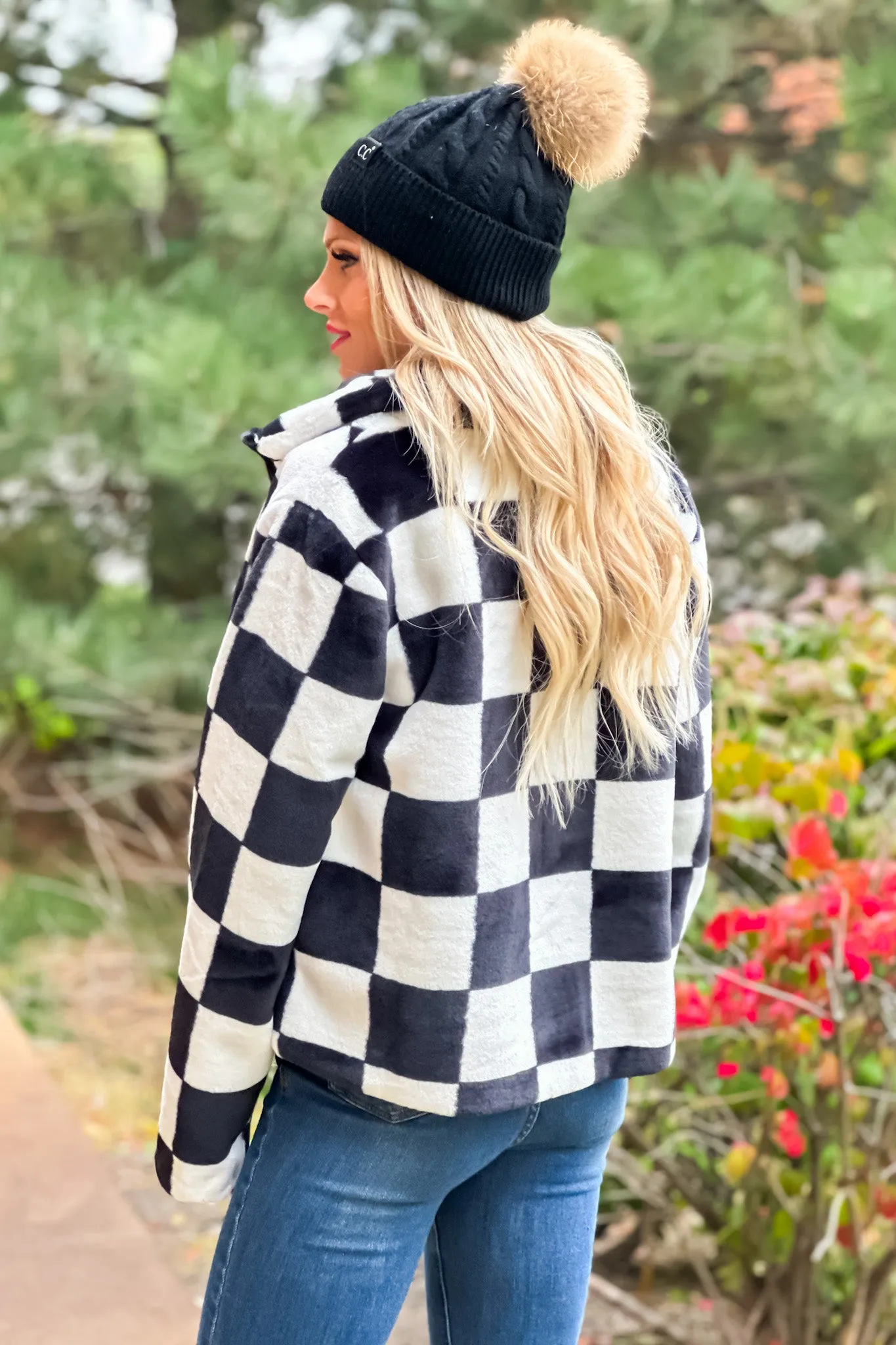 Feeling Bold Checker Board Faux Fur Coat : Black/White