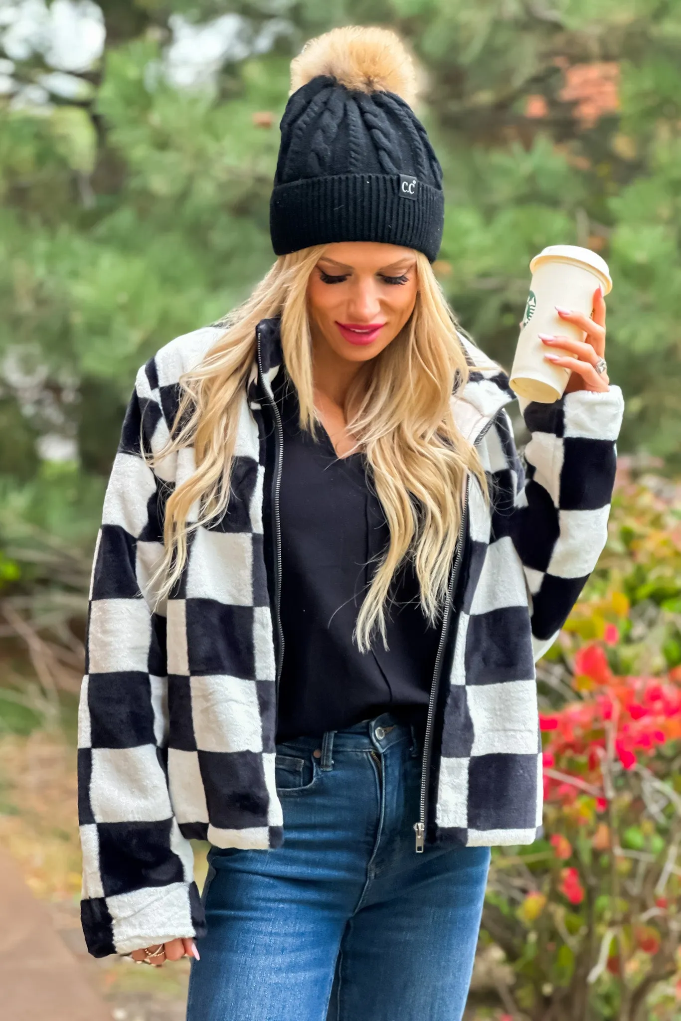 Feeling Bold Checker Board Faux Fur Coat : Black/White