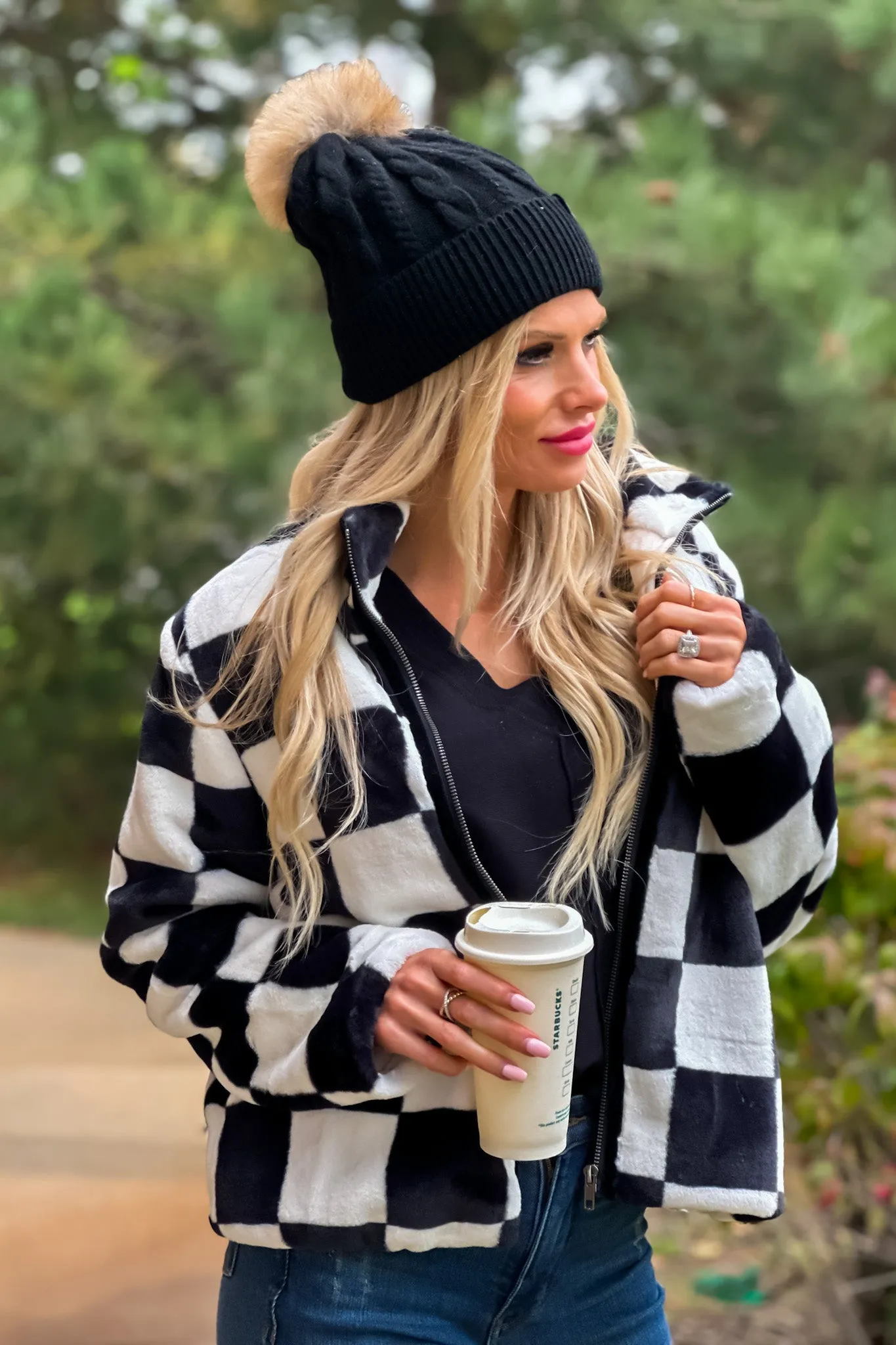 Feeling Bold Checker Board Faux Fur Coat : Black/White