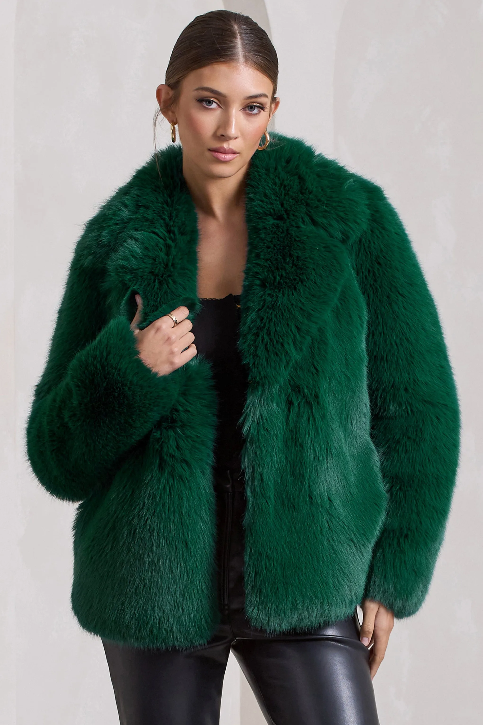 Hot Toddy | Bottle Green Short Faux Fur Coat