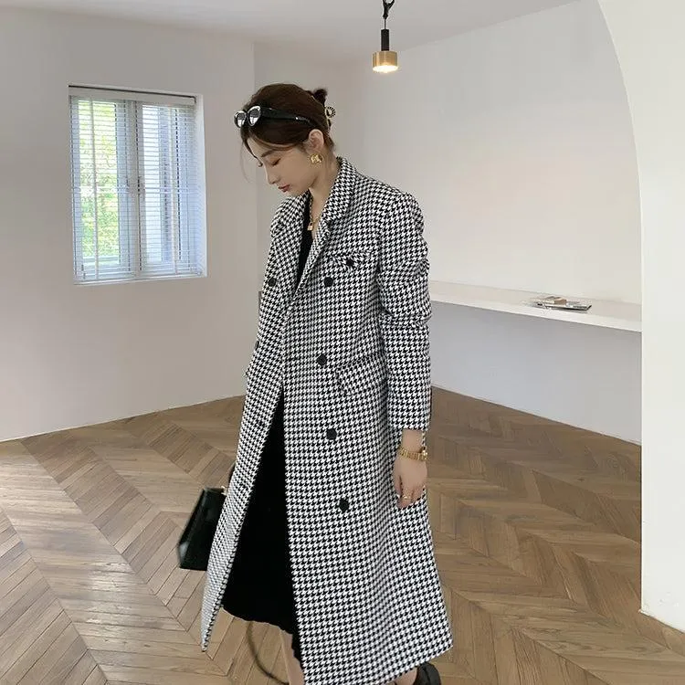 Houndstooth Double Breasted Oversized Long Wool Coat