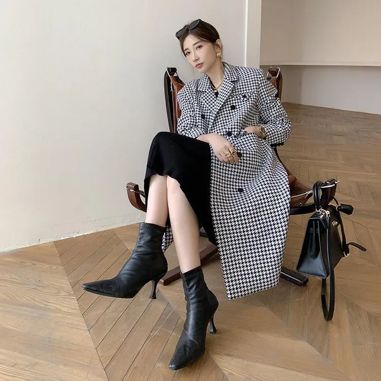 Houndstooth Double Breasted Oversized Long Wool Coat