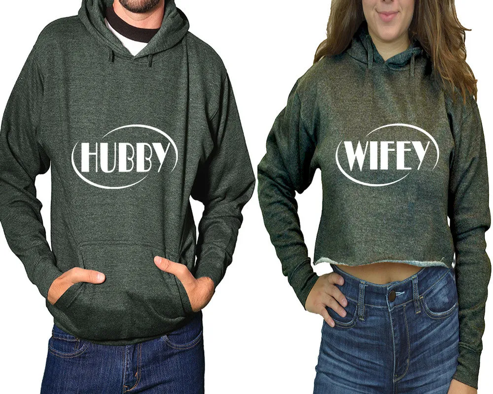 Hubby Wifey Couple Matching Pullover Hoodie for Man, Crop Top Hoodie for Woman