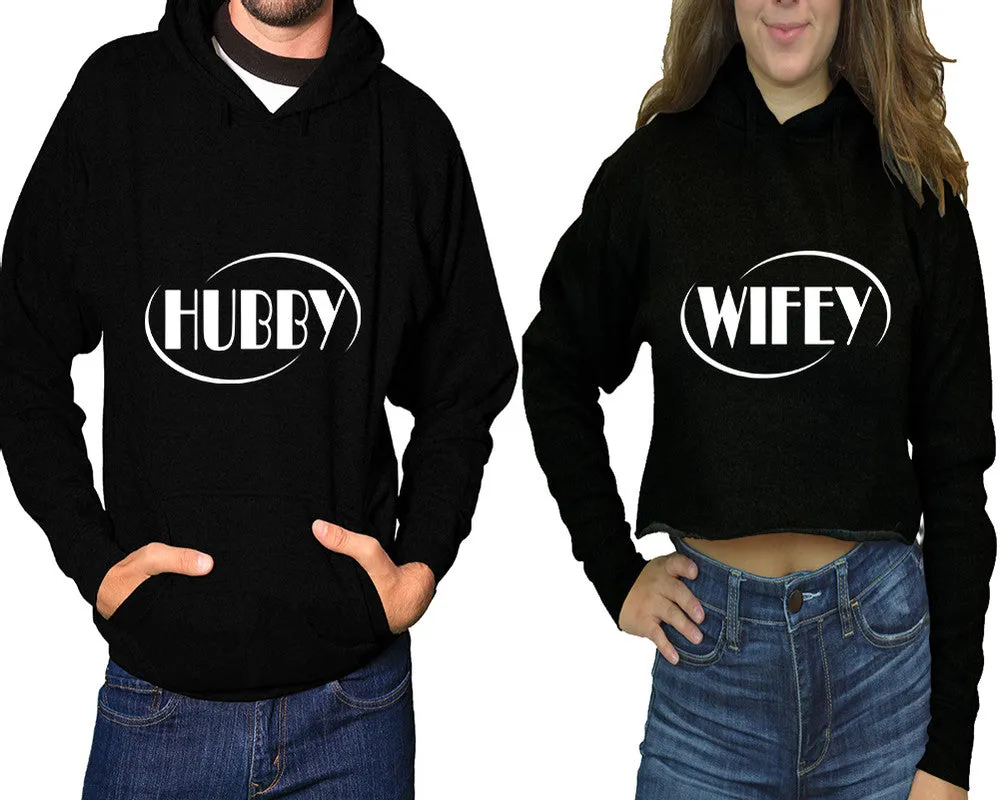 Hubby Wifey Couple Matching Pullover Hoodie for Man, Crop Top Hoodie for Woman