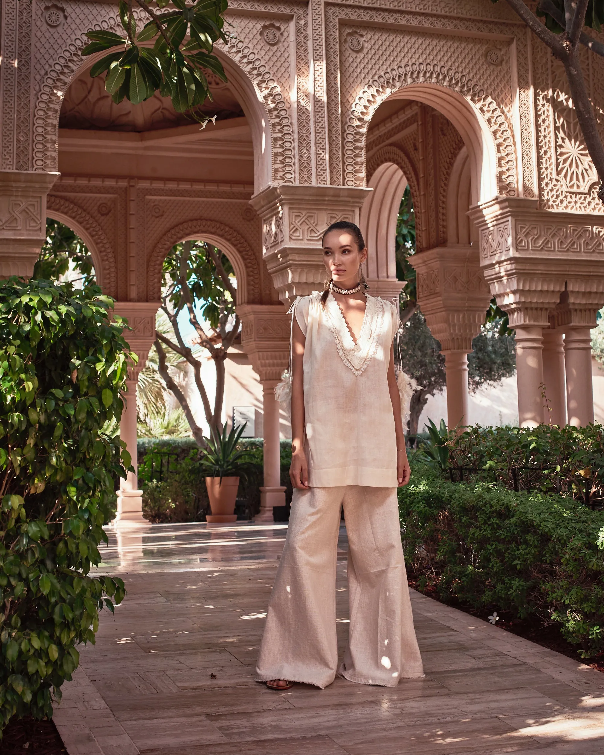 Ivory Muslin tunic with lace bib