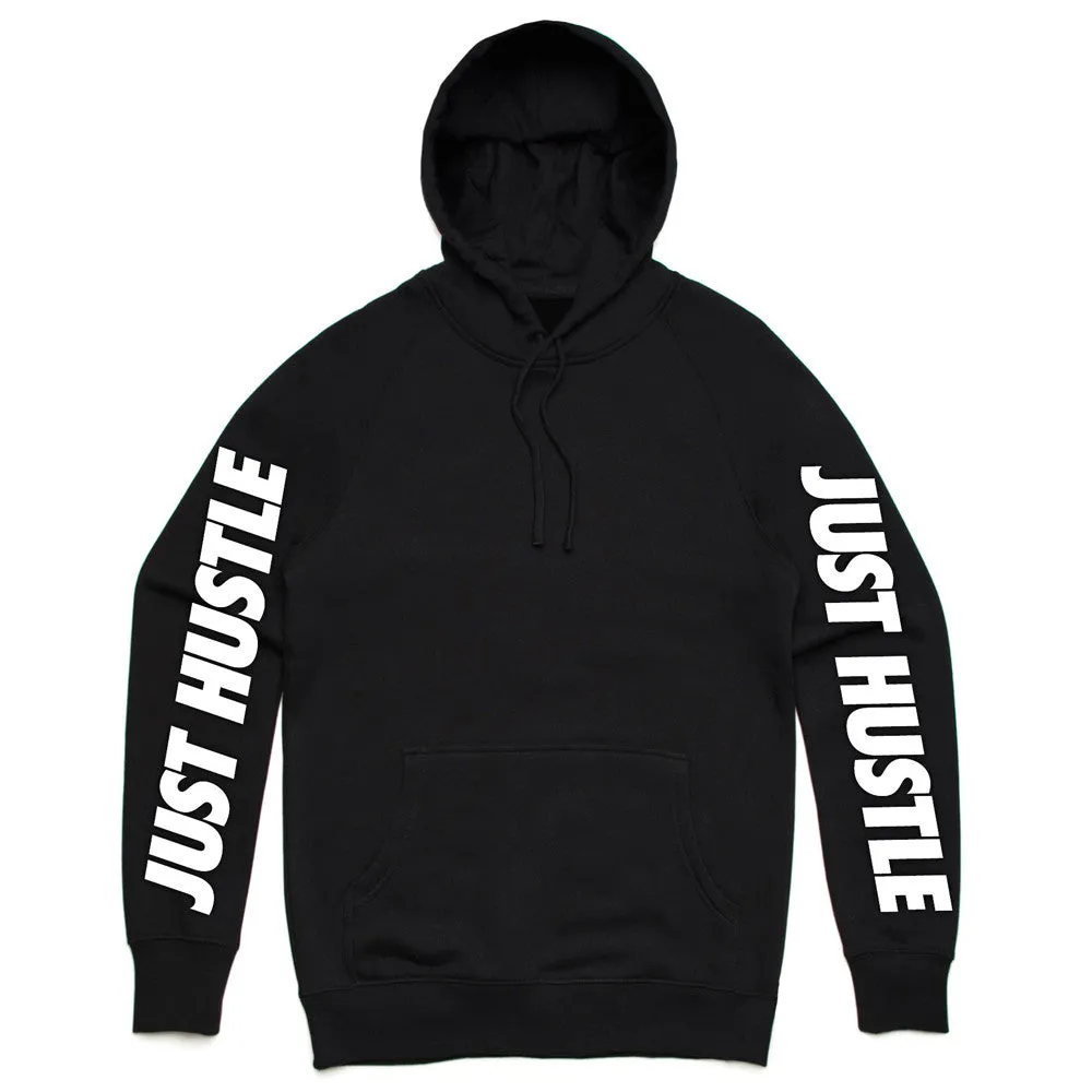 Enhanced Title: Just Hustle Black Hoodie with Bare Arms Design – Unisex Active Streetwear