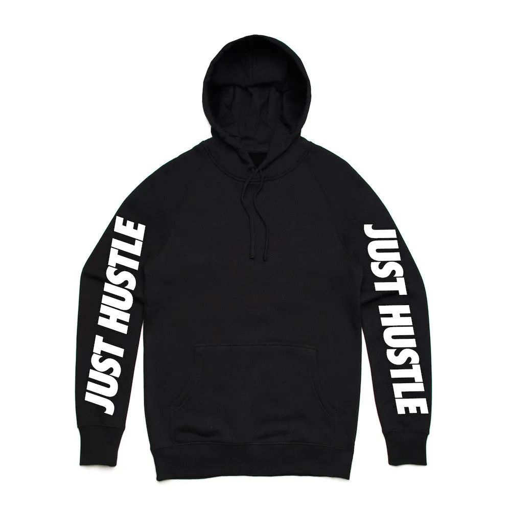 Enhanced Title: Just Hustle Black Hoodie with Bare Arms Design – Unisex Active Streetwear