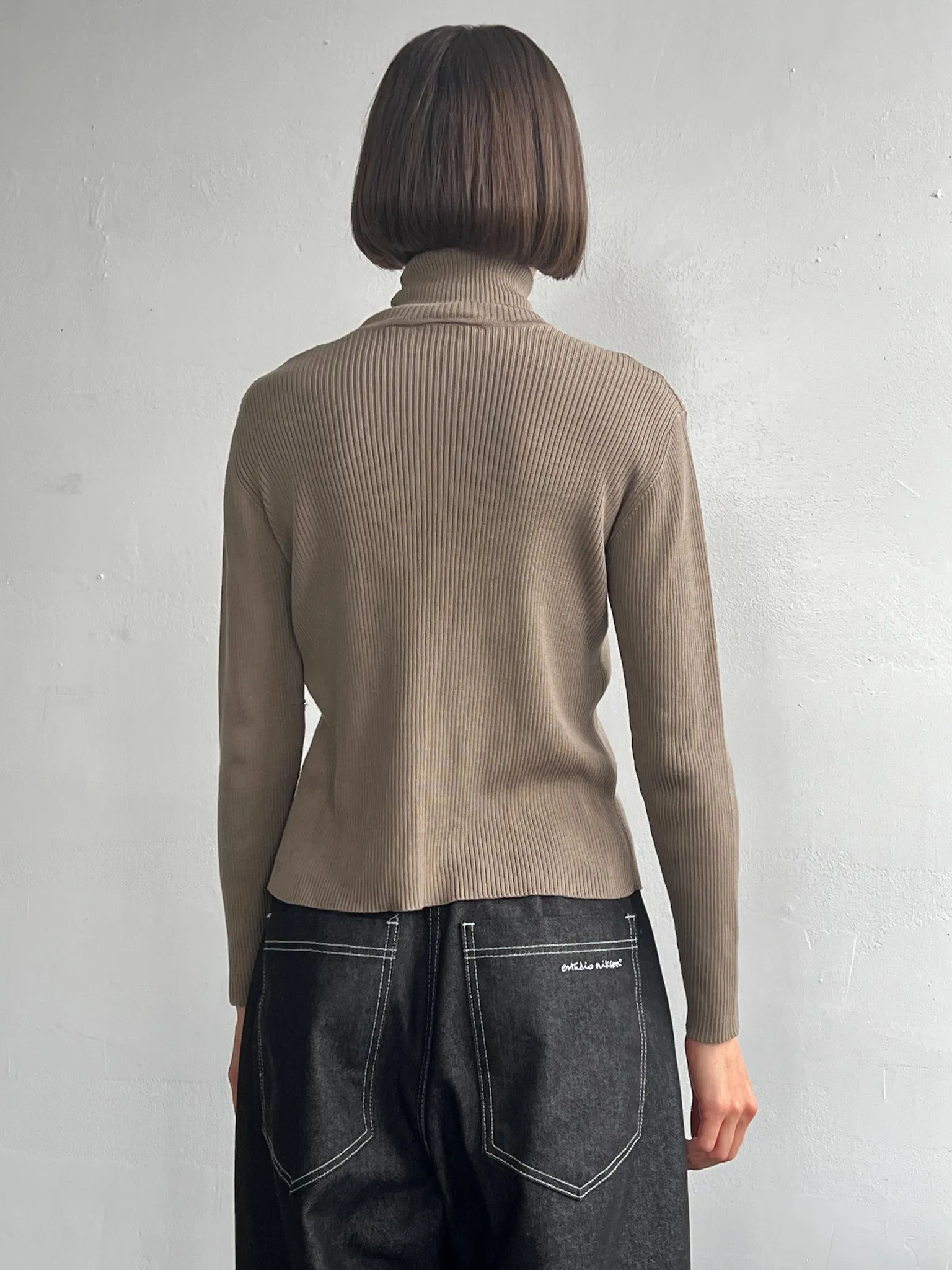 Khaki Silk Ribbed Turtleneck (M)