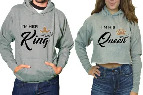 King Queen Couple Matching Ladies Crop Top Hoodie and Mens Pullover Hoodie.