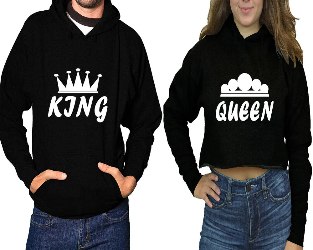 King Queen Couple Matching Pullover Hoodie for Man, Crop Top Hoodie for Woman