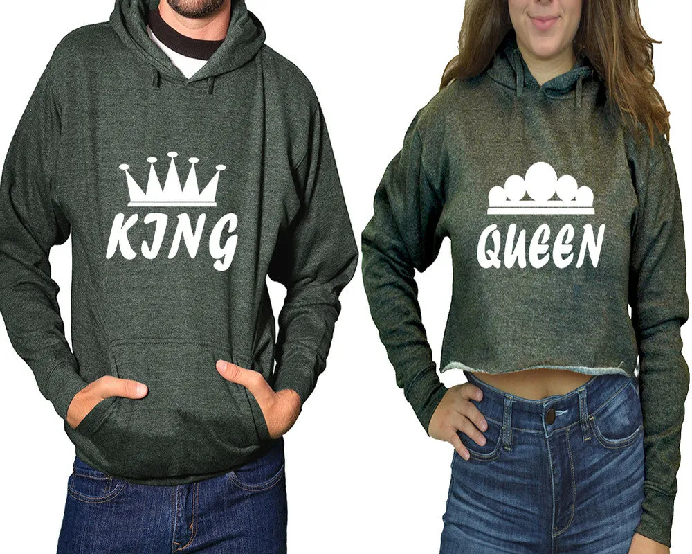 King Queen Couple Matching Pullover Hoodie for Man, Crop Top Hoodie for Woman