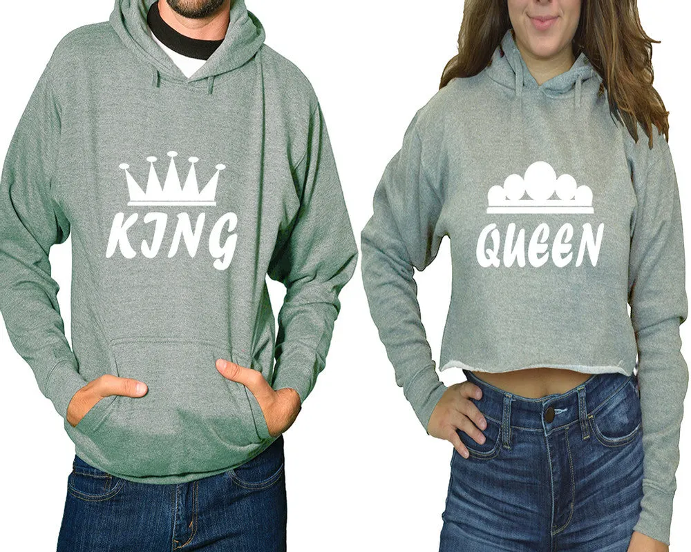 King Queen Couple Matching Pullover Hoodie for Man, Crop Top Hoodie for Woman