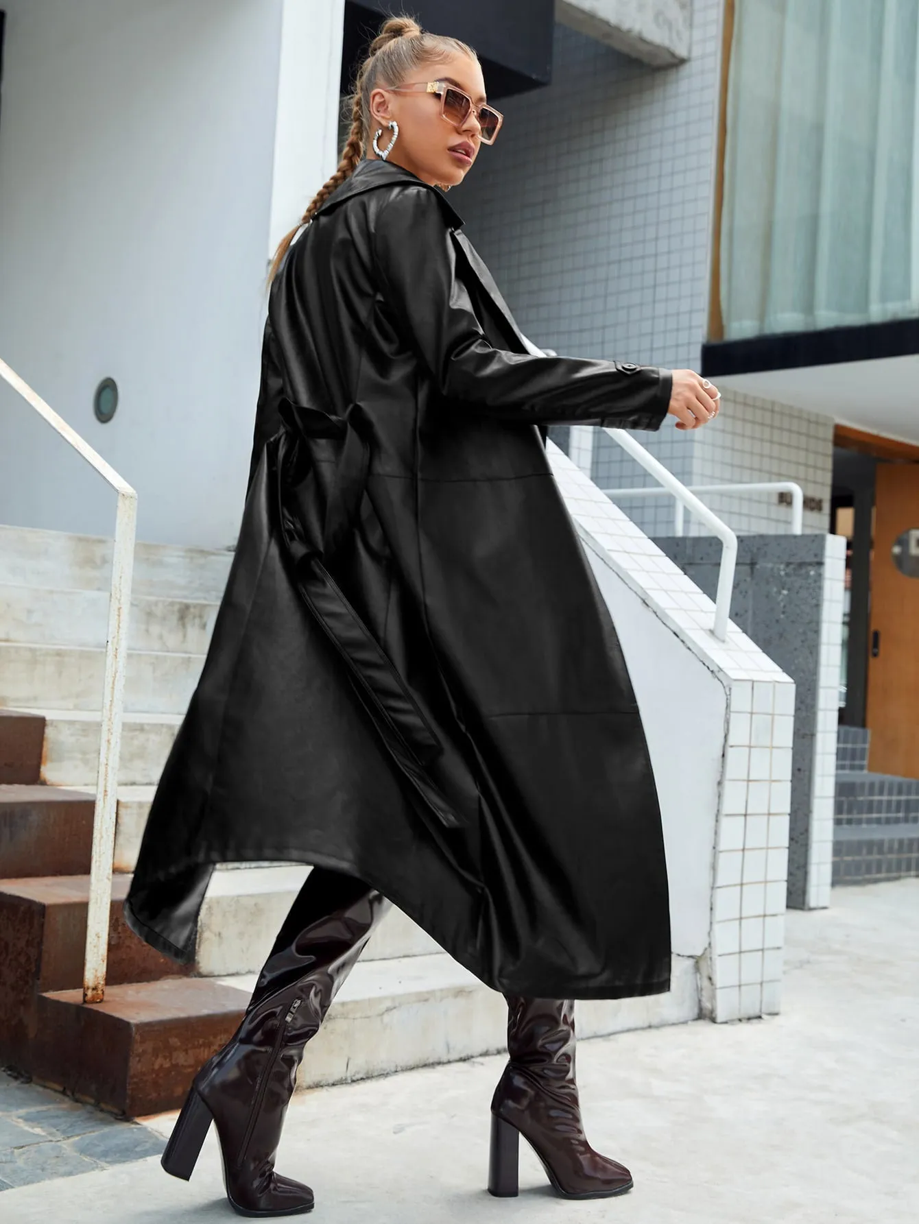 Lapel Neck Belted PU Leather Longline Coat