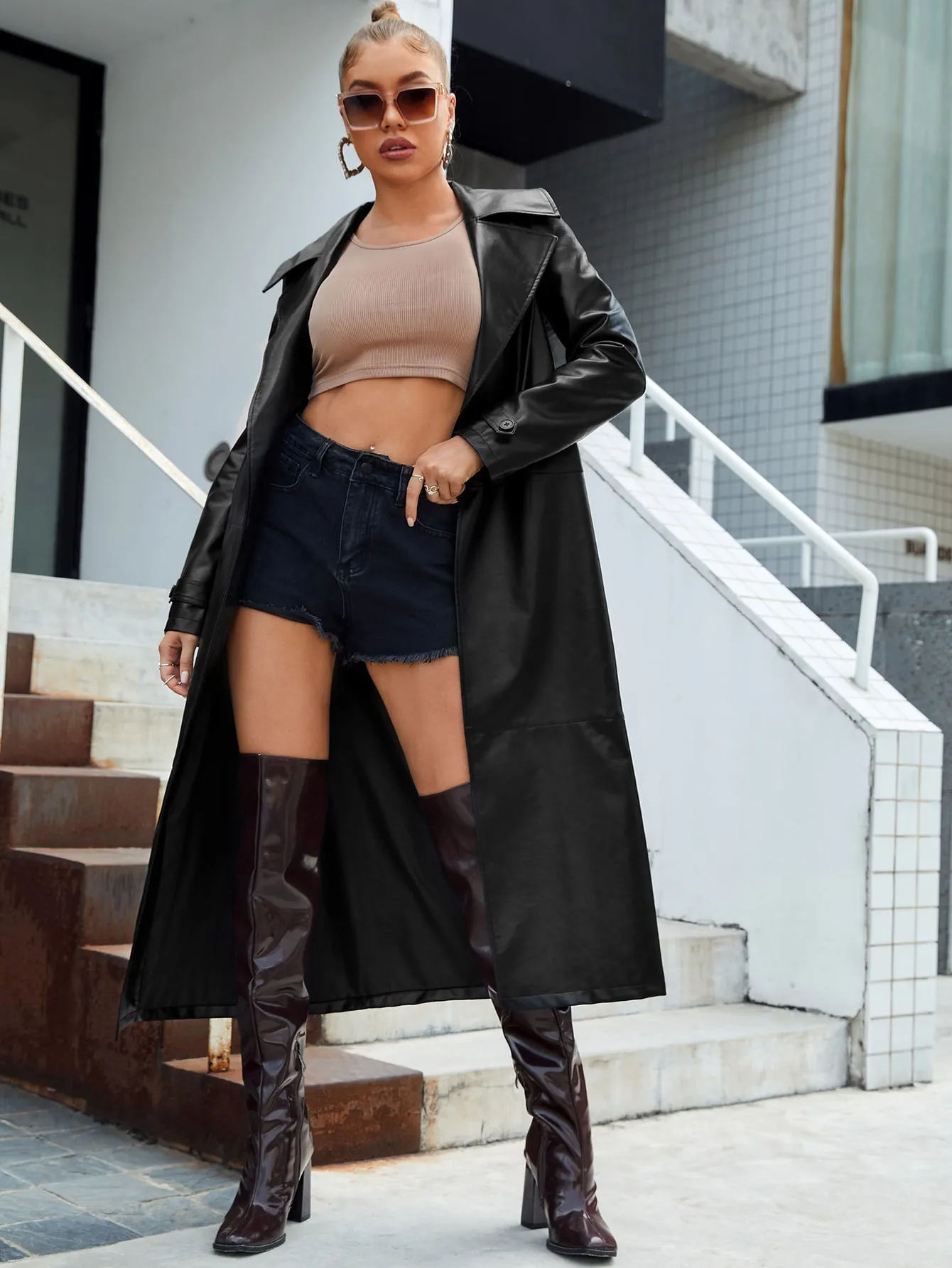 Lapel Neck Belted PU Leather Longline Coat