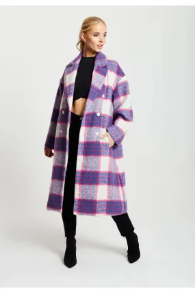 Liquorish Longline Coat In Pink And Navy Checks