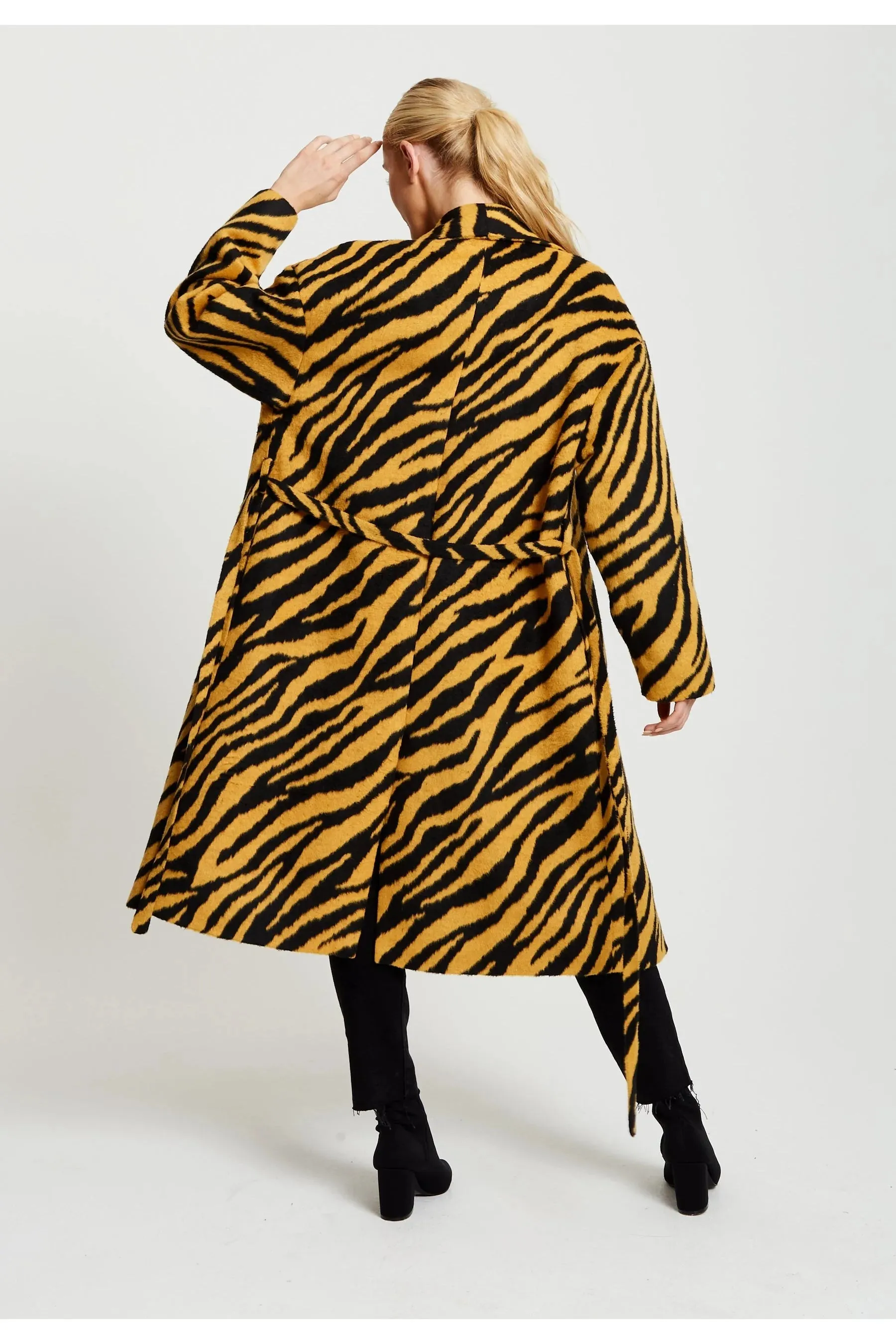 Liquorish Zebra Print Longline Coat In Mustard And Black