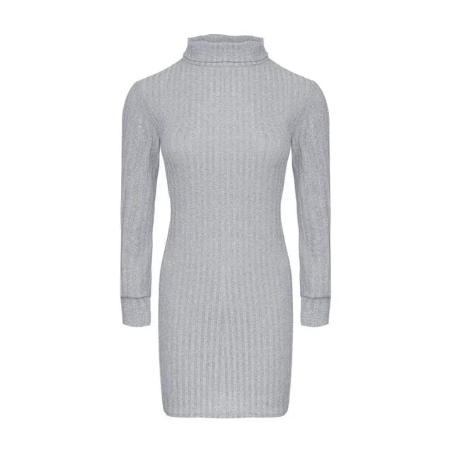 Long Sleeve Dress Solid Pullover Turtleneck Bodycon Dress