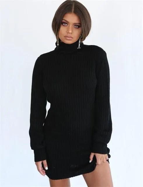 Long Sleeve Dress Solid Pullover Turtleneck Bodycon Dress