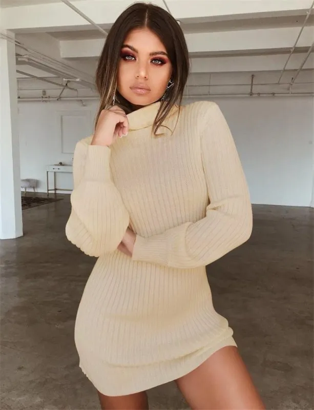 Long Sleeve Dress Solid Pullover Turtleneck Bodycon Dress