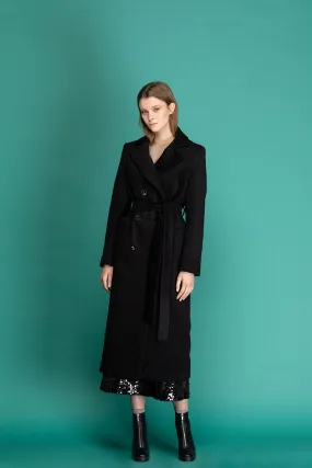 MAGIE Wool Double Breasted Belted Coat - Black