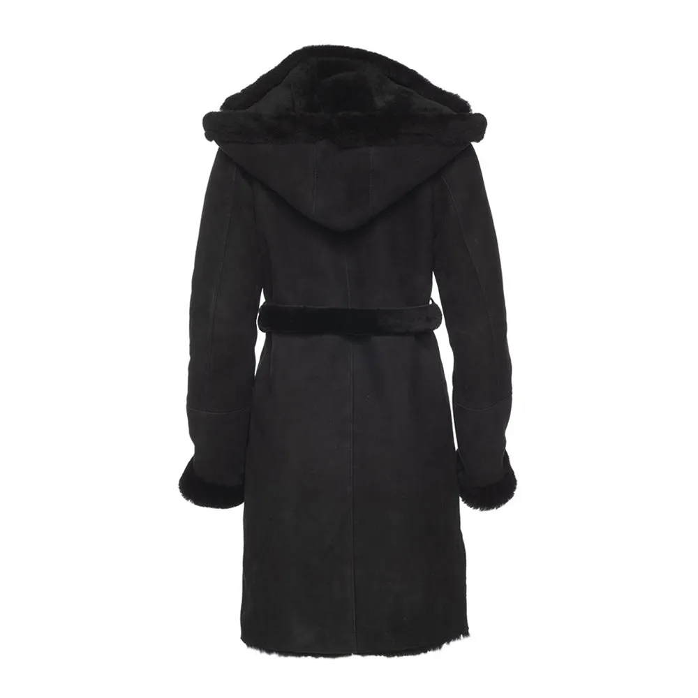 Melissa Black suede shearling coat with belt