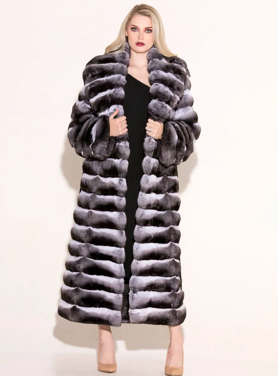 Natural Chinchilla Fur Coat with Detachable Leather Belt