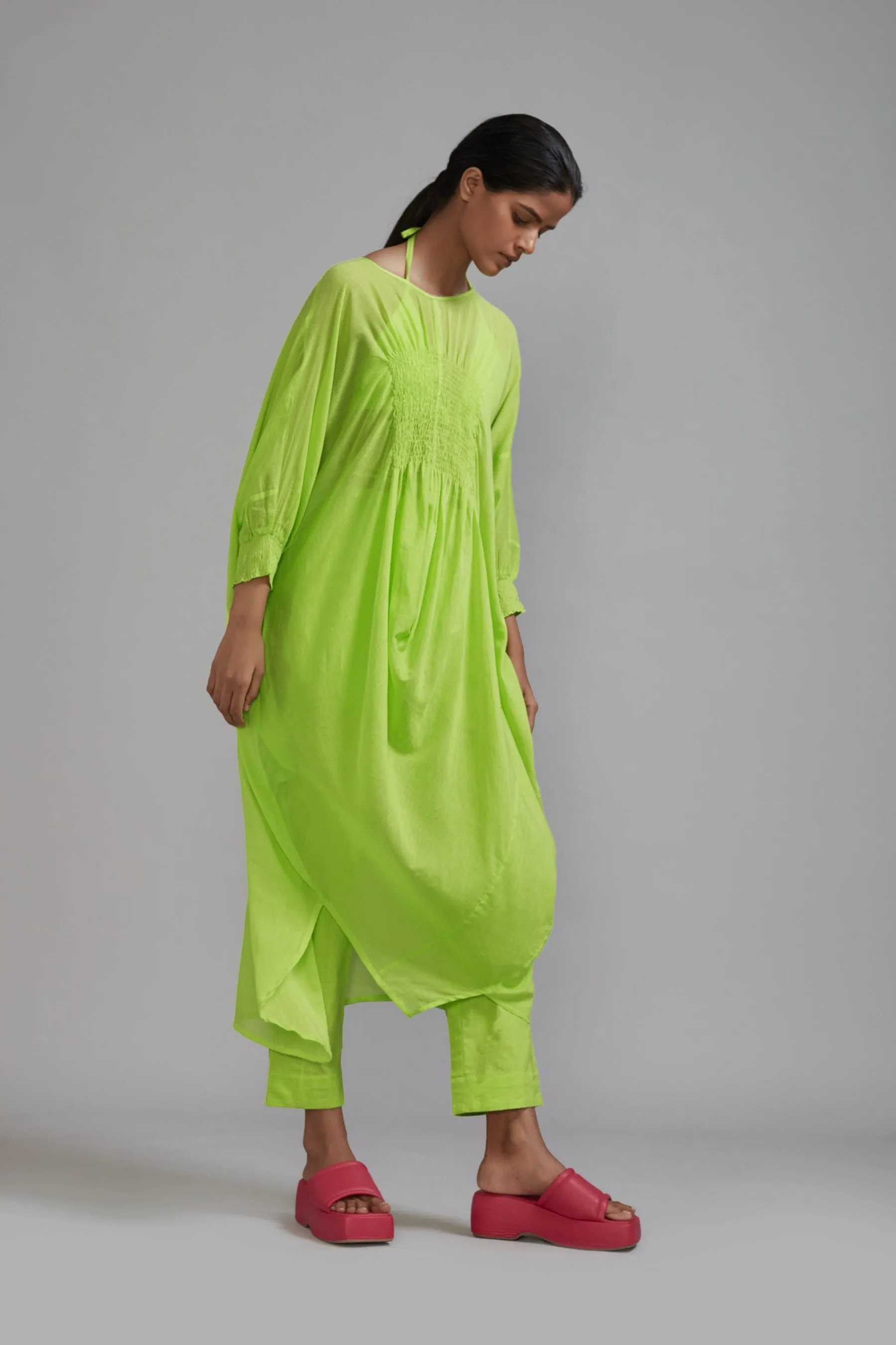 Neon Green Smocked Cowl Tunic