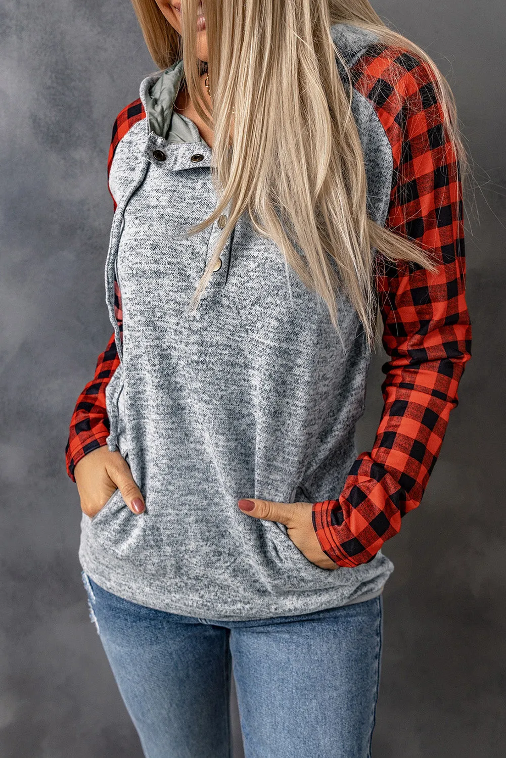 Plaid Quarter-Snap Hoodie with Pockets