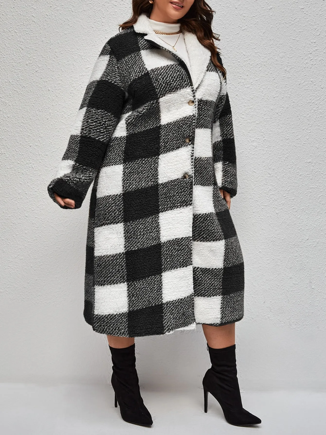 Plus Buffalo Plaid Print Hooded Flannel Coat