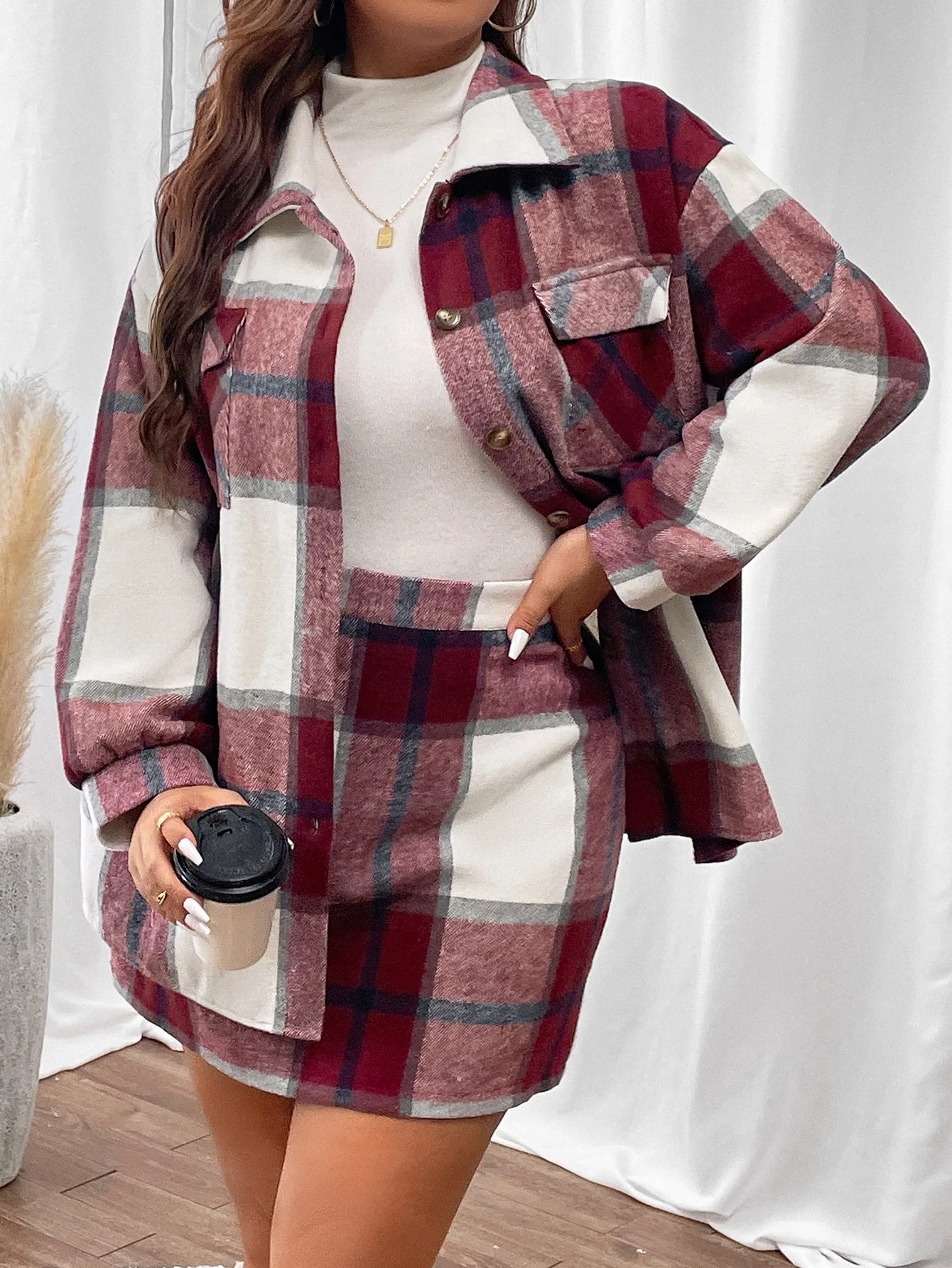 Plus Plaid Print Drop Shoulder Flap Pocket Coat Skirt