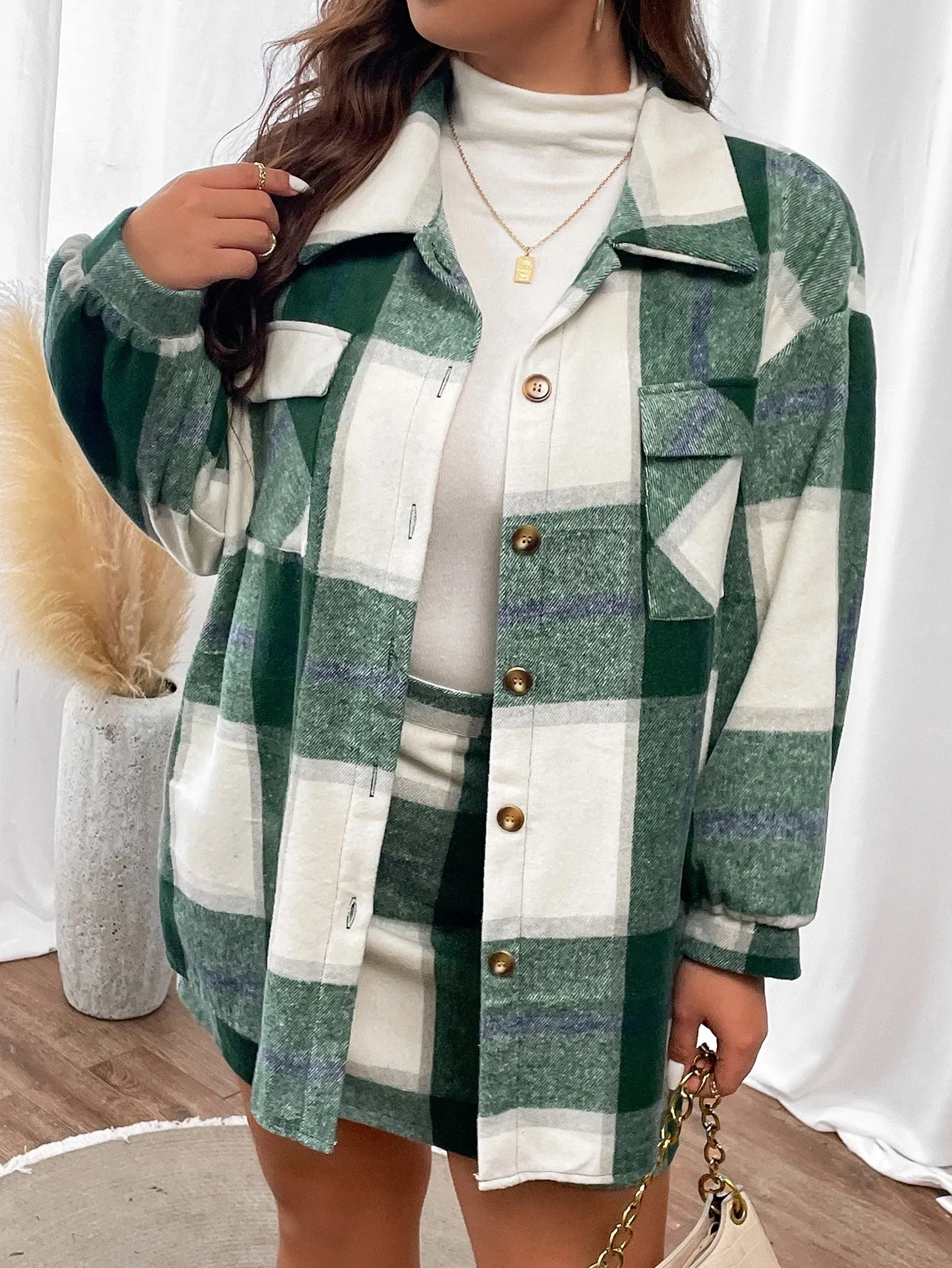 Plus Plaid Print Drop Shoulder Flap Pocket Coat Skirt