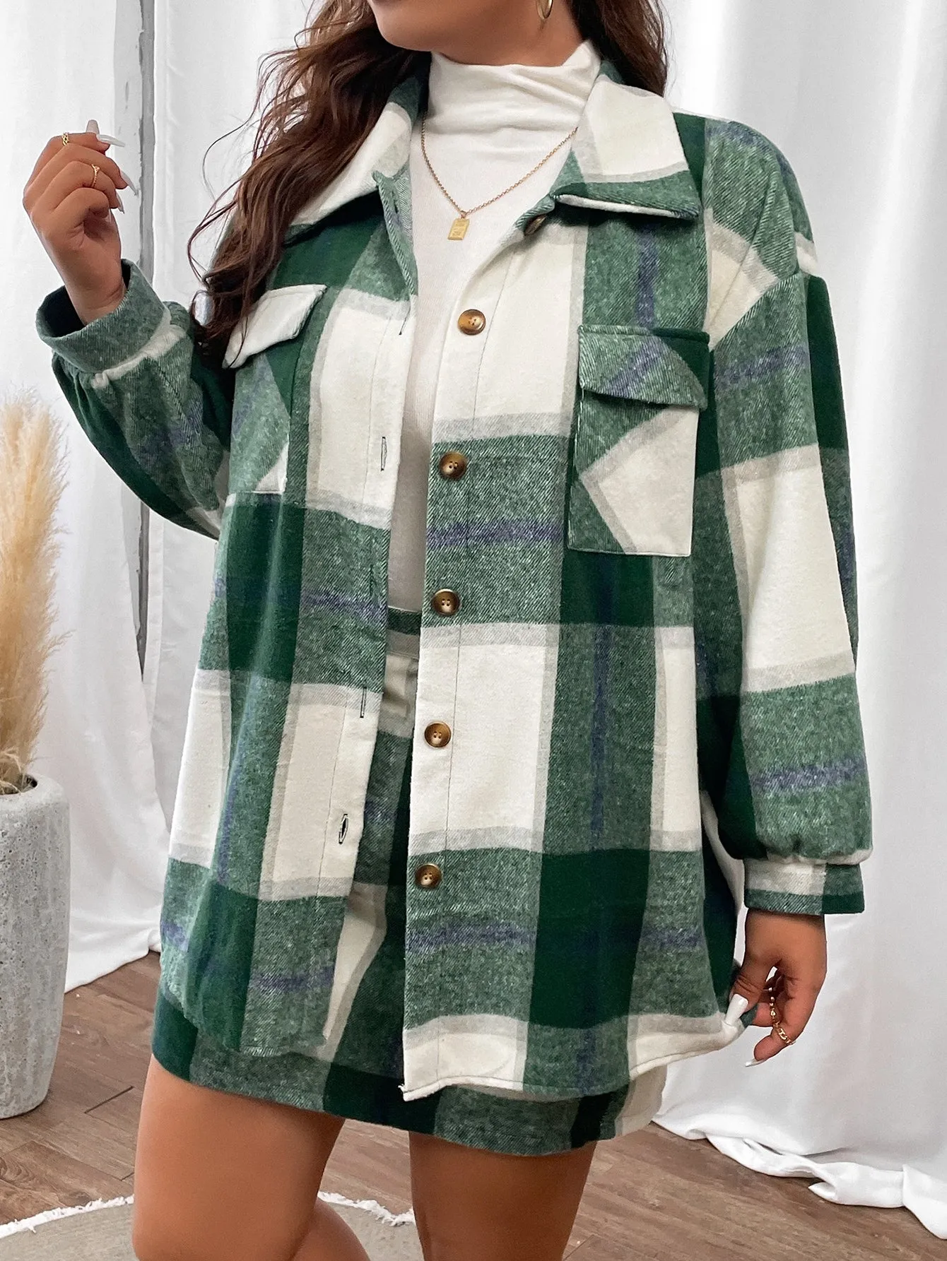 Plus Plaid Print Drop Shoulder Flap Pocket Coat Skirt