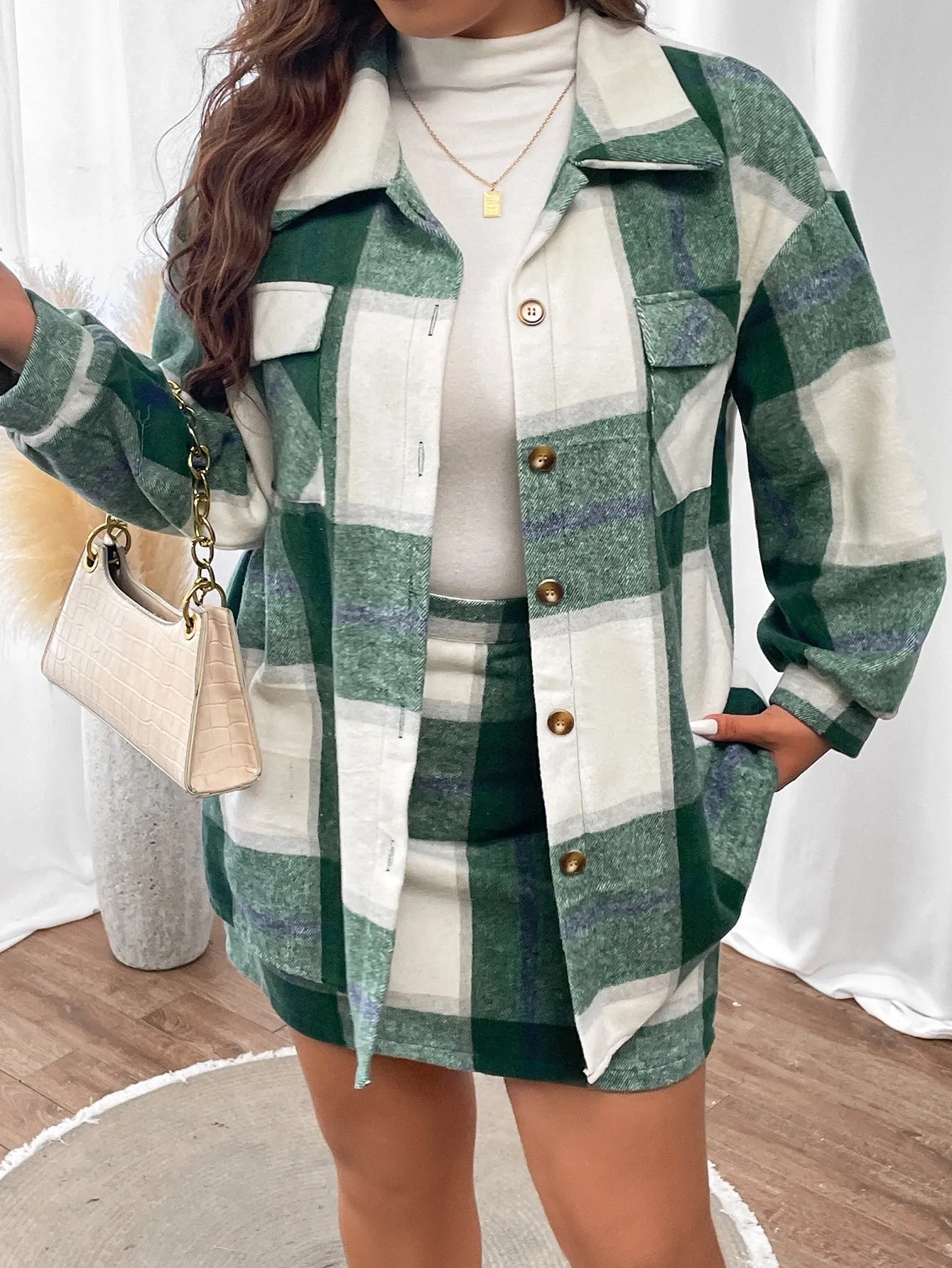 Plus Plaid Print Drop Shoulder Flap Pocket Coat Skirt