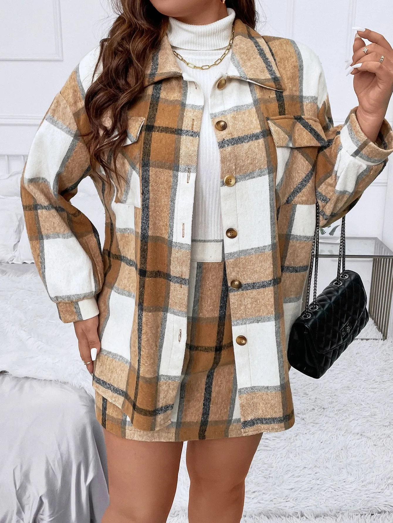 Plus Plaid Print Drop Shoulder Flap Pocket Coat Skirt