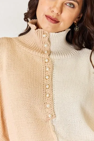 Elegant Contrast Turtleneck Sweater with Pearl Detail