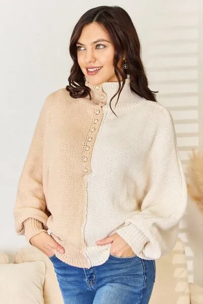 Elegant Contrast Turtleneck Sweater with Pearl Detail