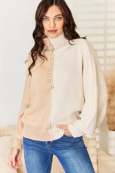 Elegant Contrast Turtleneck Sweater with Pearl Detail