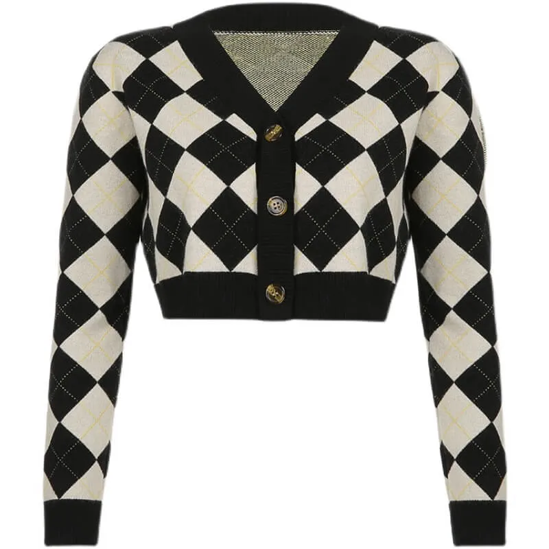 Retro-Inspired Chessboard Pattern Cardigan Sweater - Style BY90007 