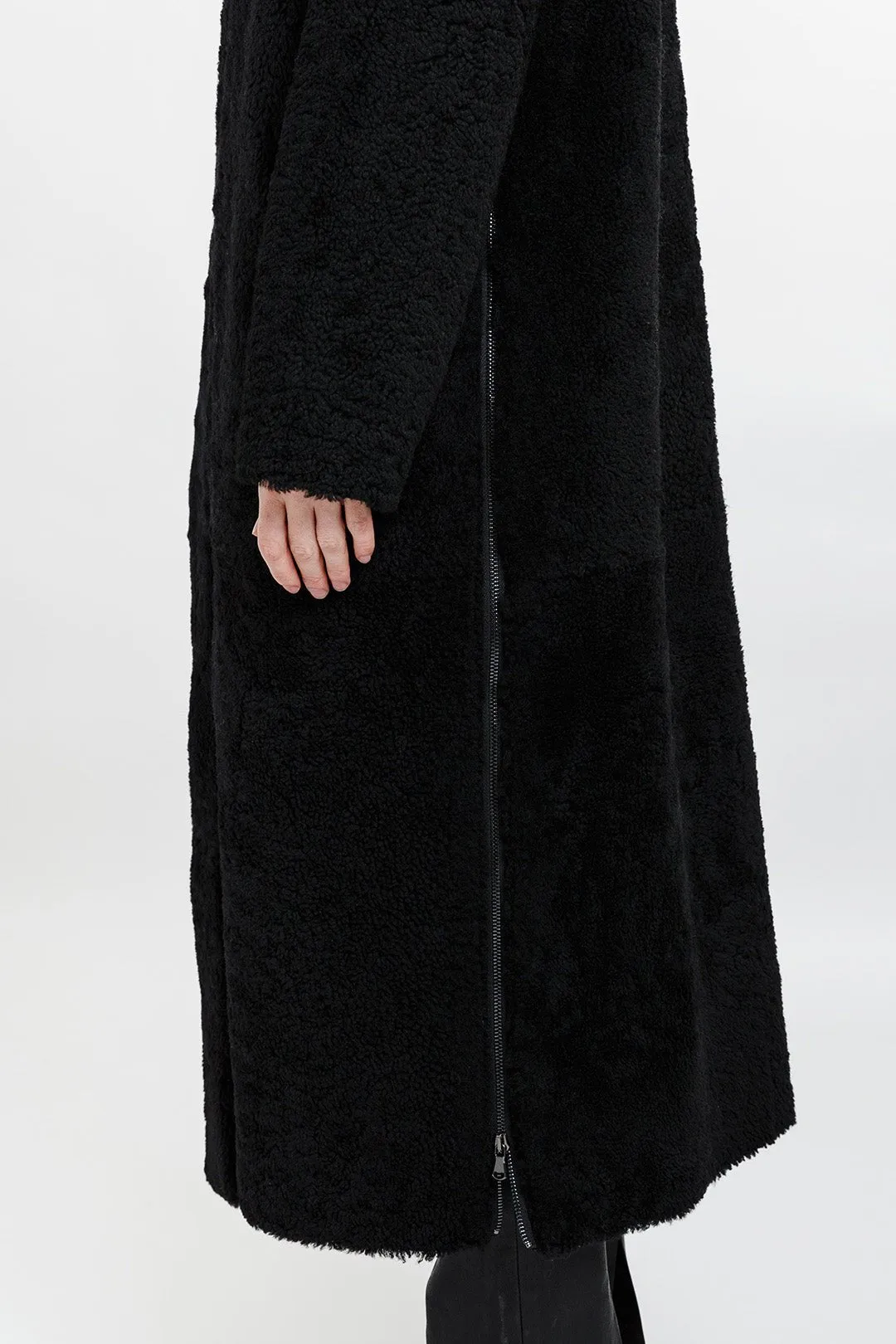 SHEARLING LONG COAT WITH SIDE VENT ZIP