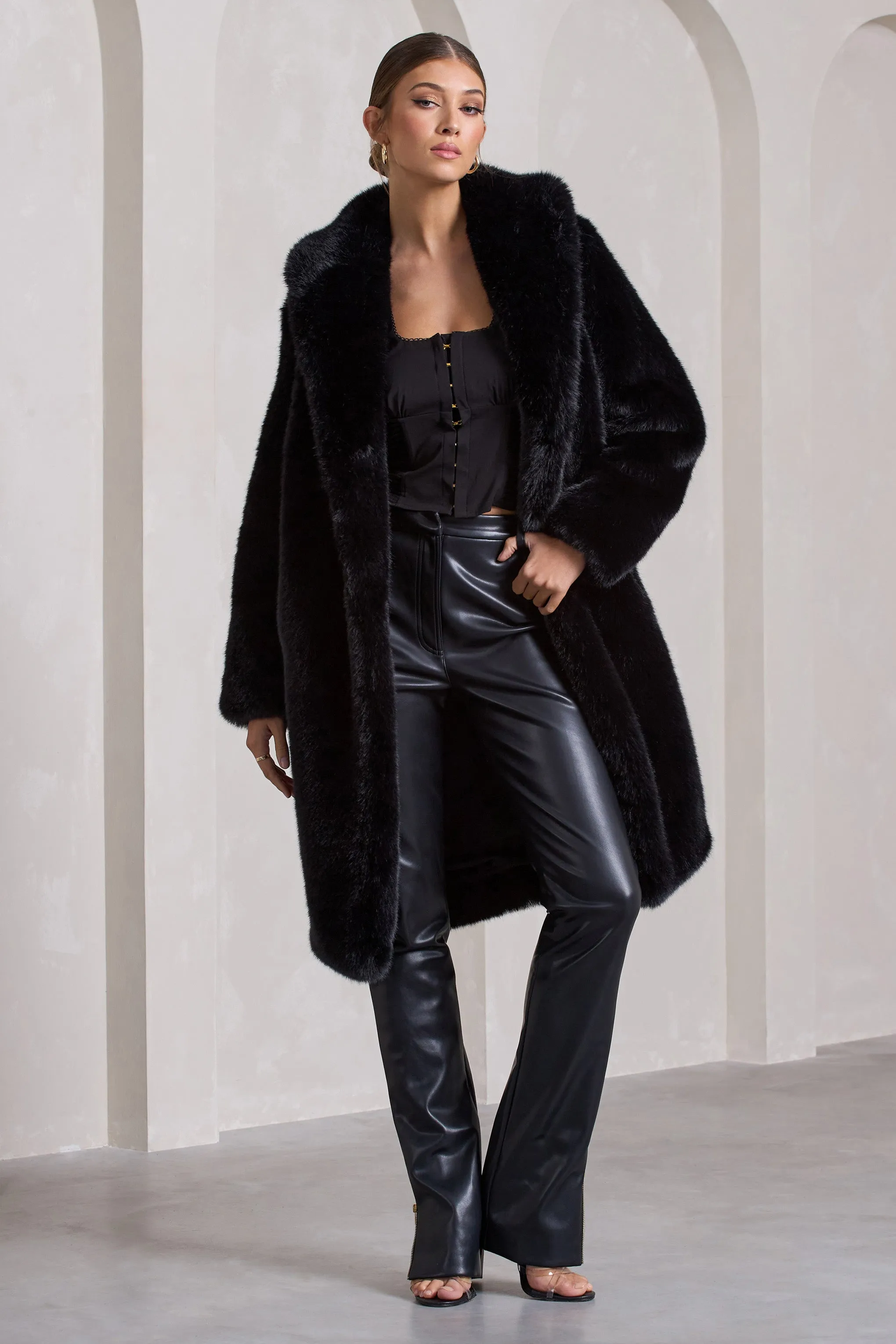 Slopeside | Black Long Belted Faux Fur Coat