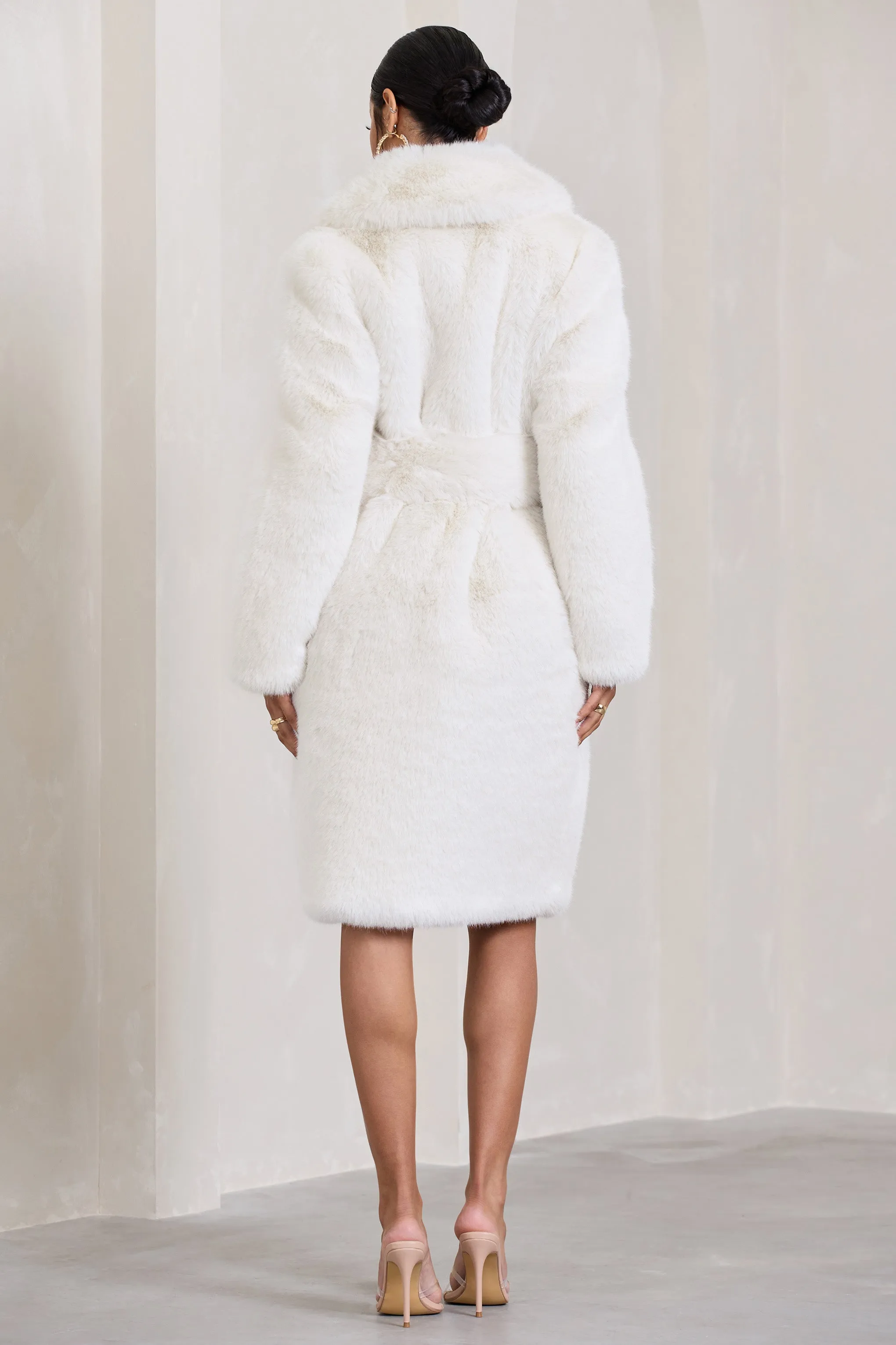 Cream Faux Fur Long Belted Slopeside Coat