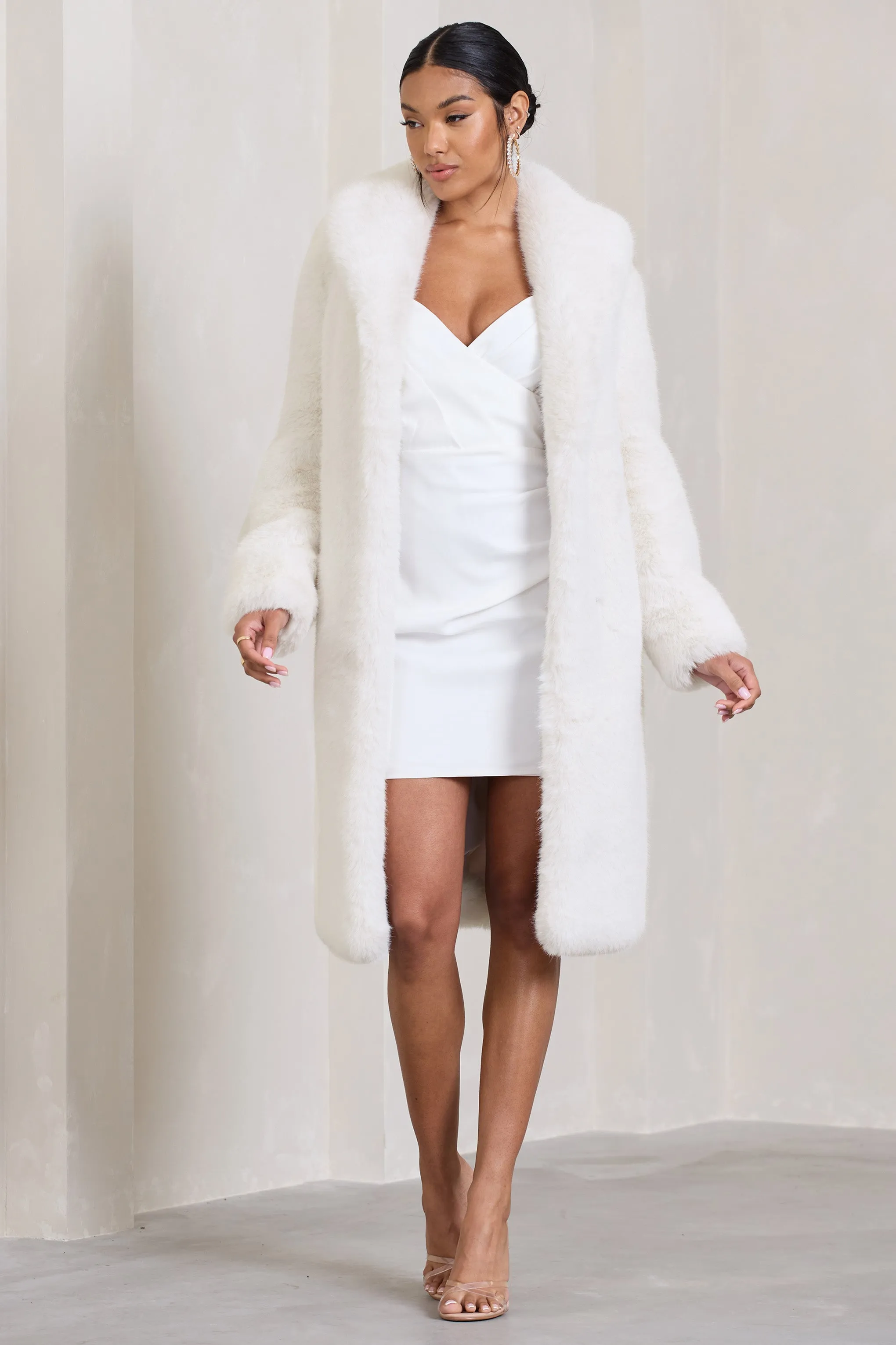 Cream Faux Fur Long Belted Slopeside Coat