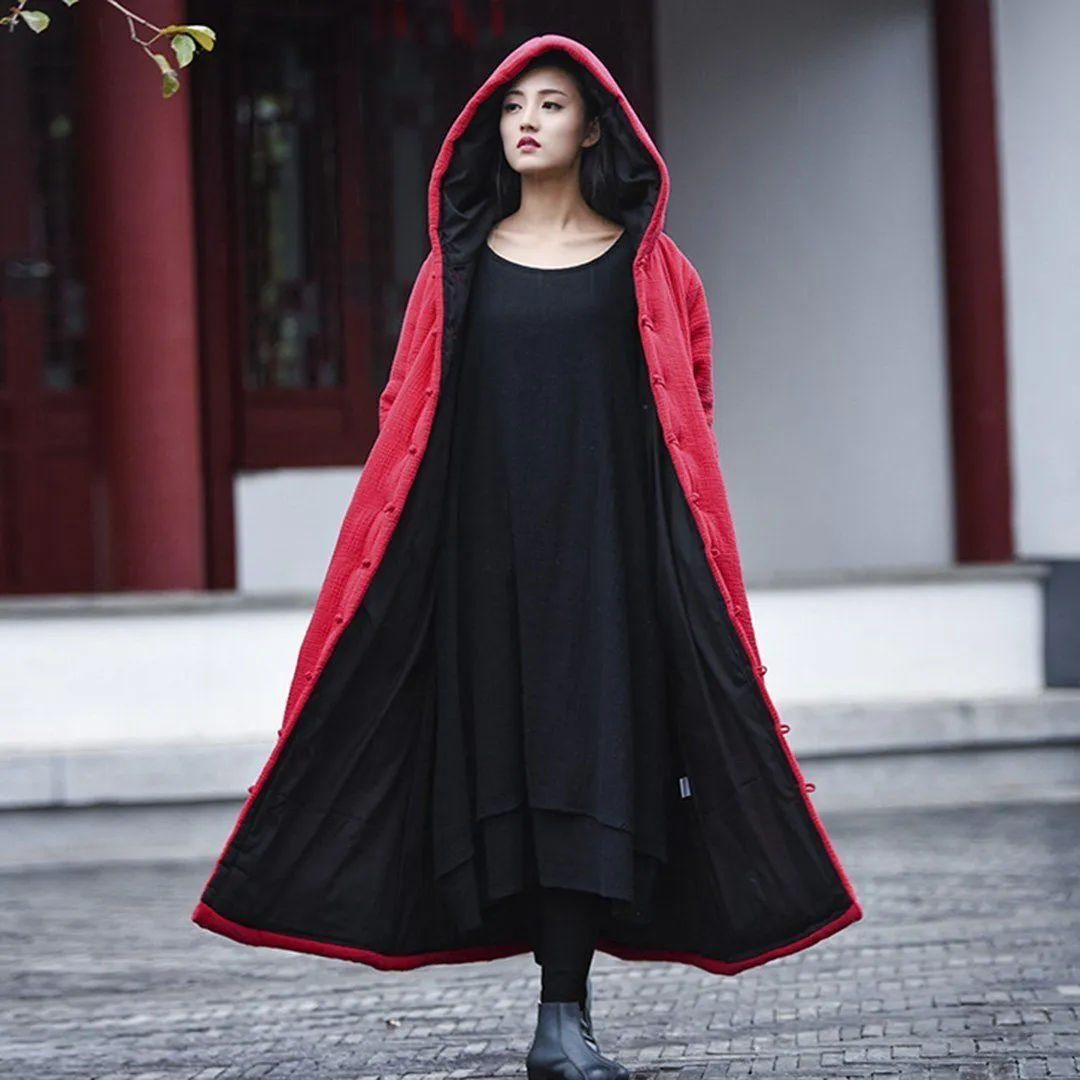 Solid Retro Hooded Quilted Long Coat